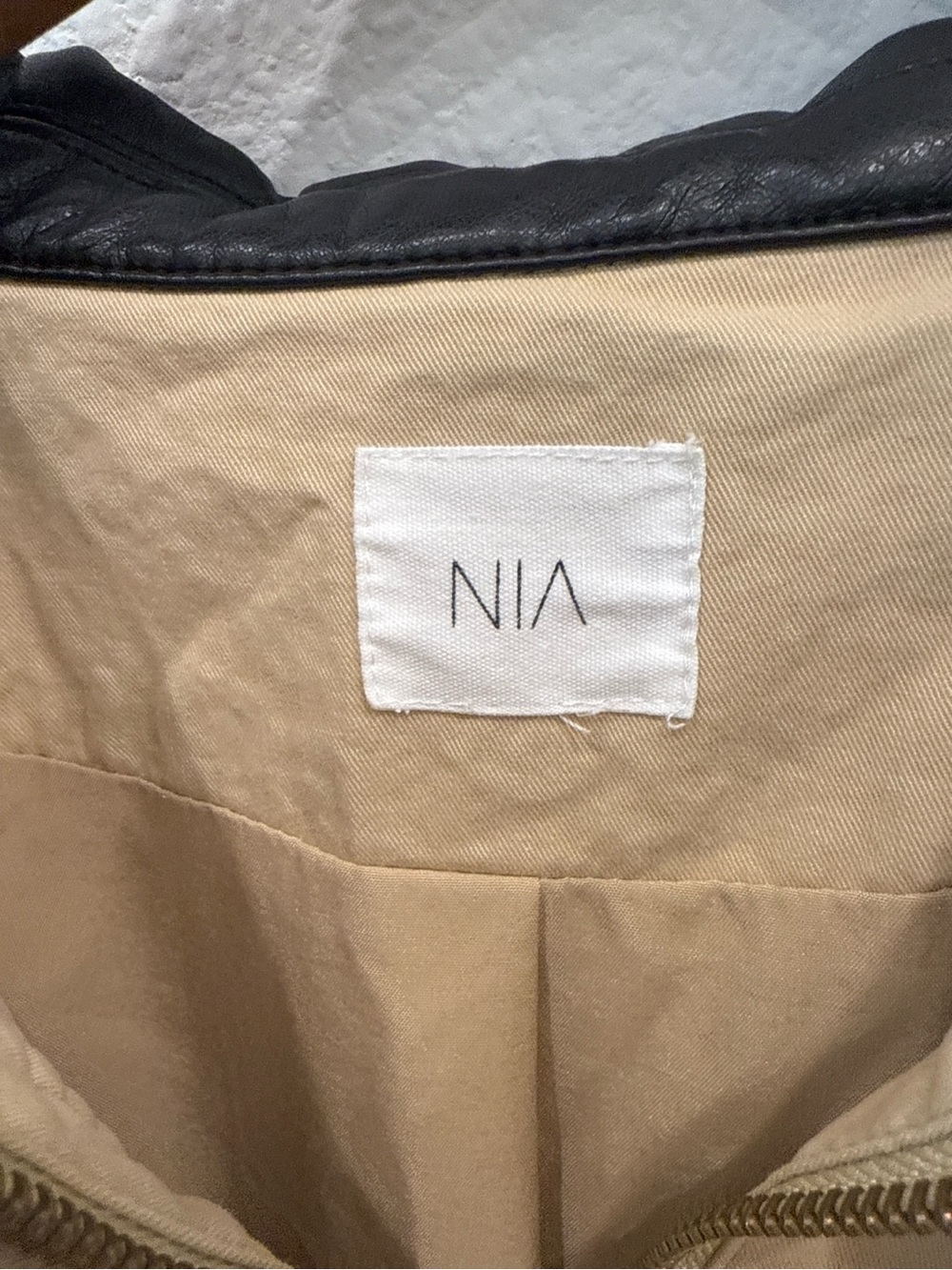 NIA Beige Utility Jacket Black Faux Leather Collar Zip Snap Medium - Picture 3 of 5
